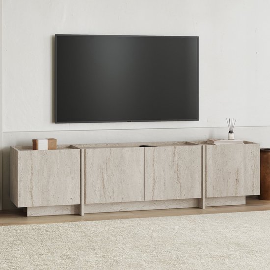 TV-meubel in travertijnlook met een lichtbeige, natuurlijke steenstructuur en een matchende randafwerking.