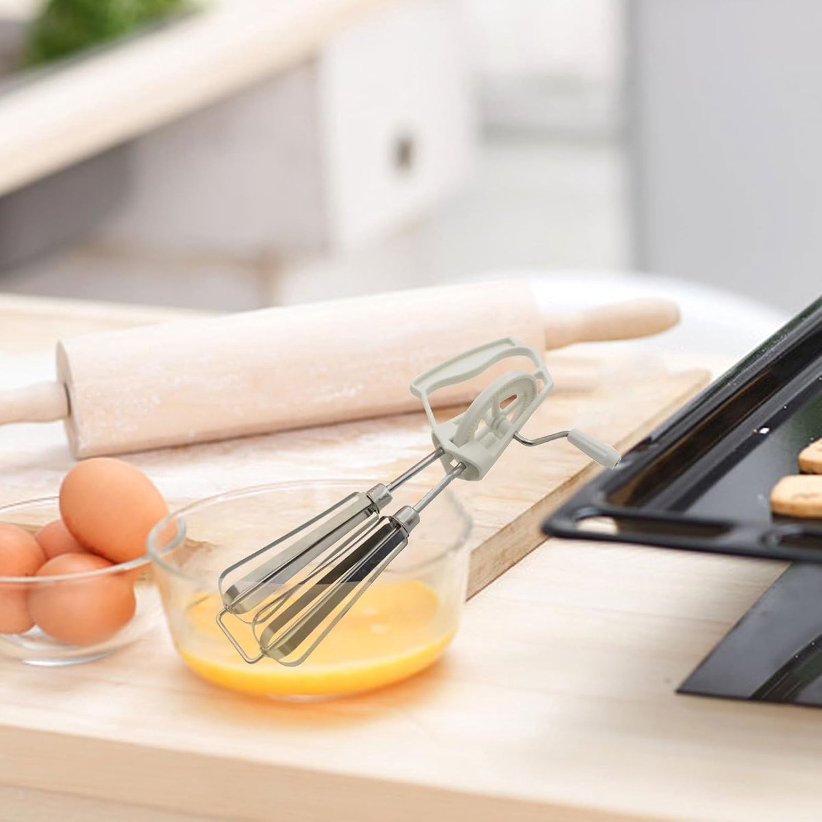 Handmatige eierklopper - Keukenmixer - Efficiënt bakken - Twee mengkoppen - 20 cm lengte - Wit