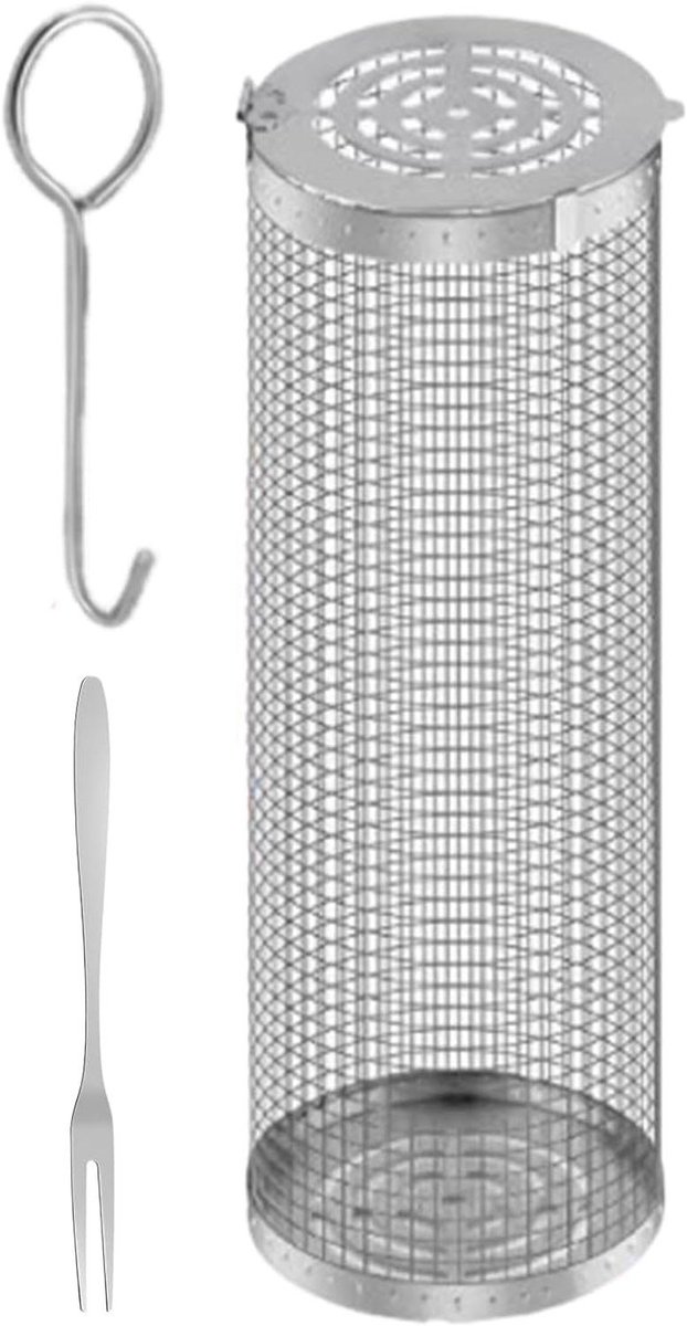 Grillmand - Vismand BBQ - Buiten koken - Afneembare houten handgreep - 31 x 10 x 10 cm - Zilver