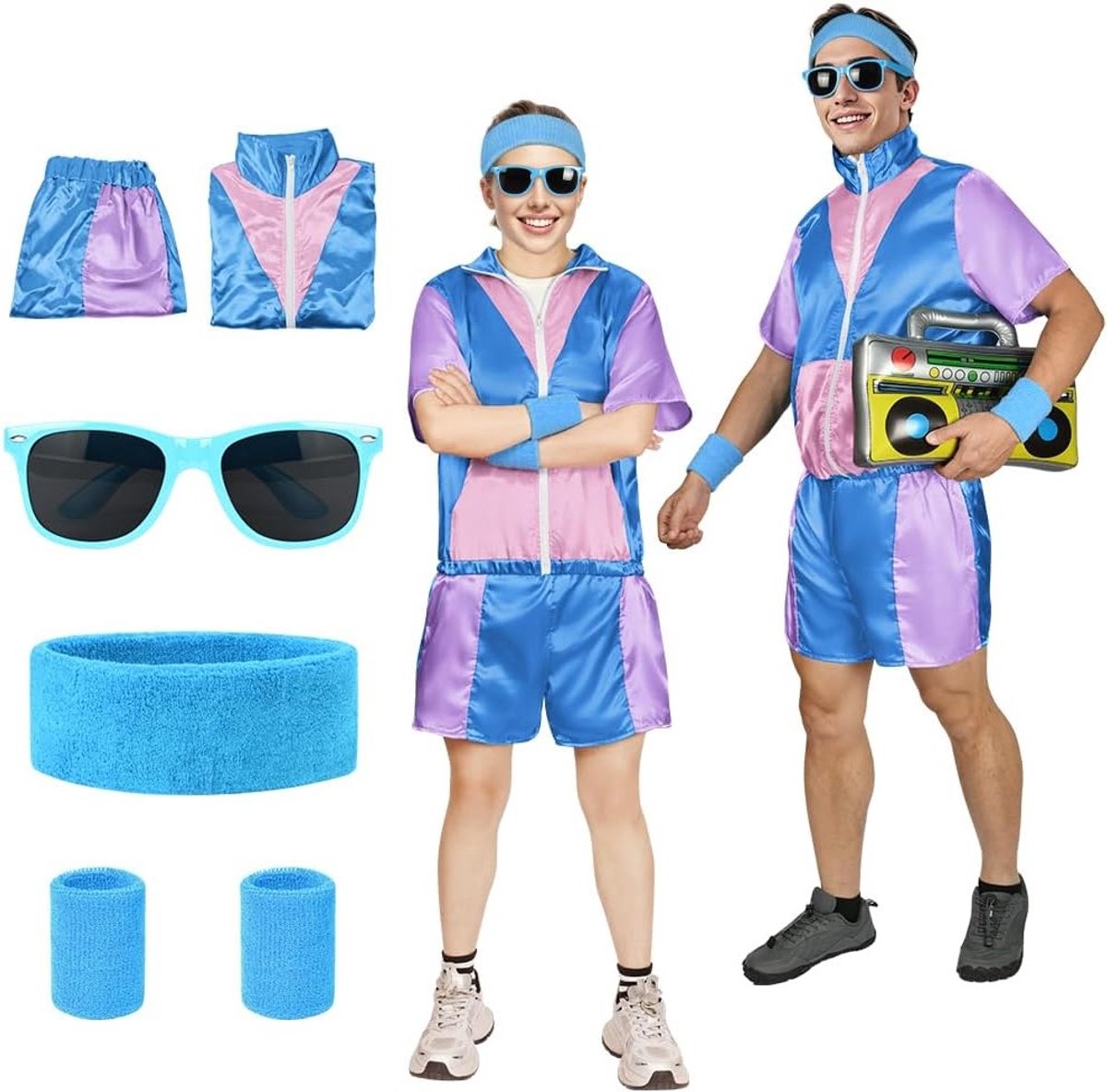 Jaren '90 Hip Hop Outfit en Jaren '80 Mode Shell Suit Kostuum, Retro Tracksuit voor Disco met Hoofdband en Polsbandjes