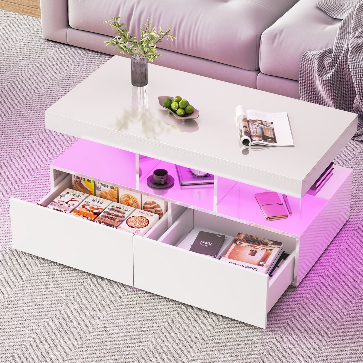 ROSAHQNDA Salontafel - Met LED-verlichting en 2 lades - Bijzettafel voor de woonkamer - 104 x 53 x 46 cm - Wit