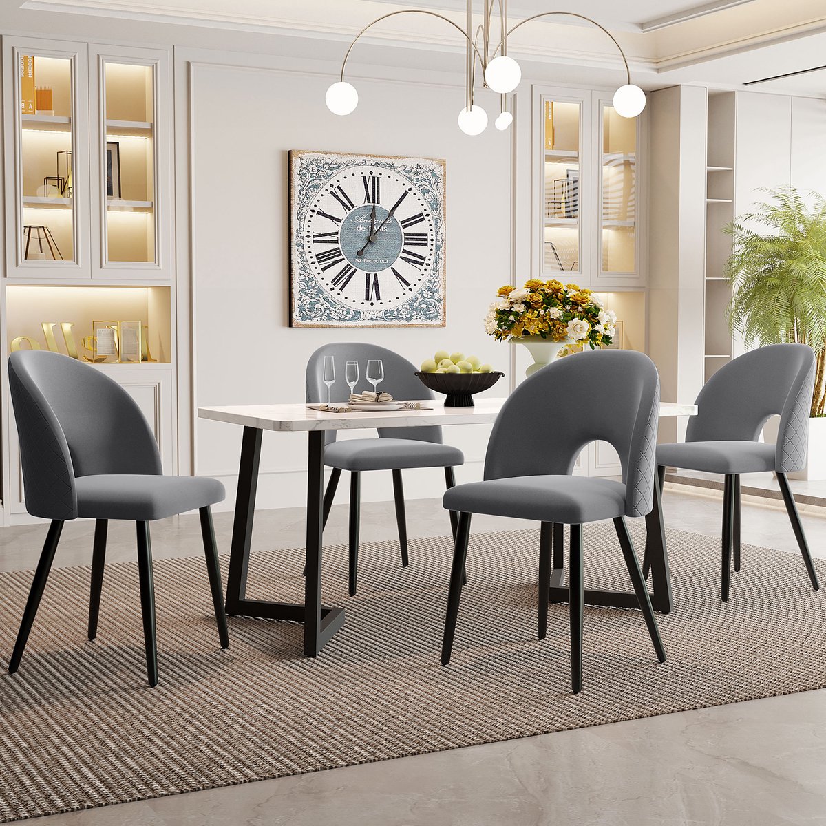 Eettafelset - 1 rechthoekige eettafel met 4 stoelen - grijze eetstoelen met rugleuning - verstelbare stoelpoot - zwarte tafelpoten