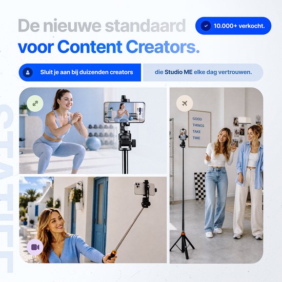Vrouwen gebruiken de Studio ME selfiestick/statief, zowel voor fitness als voor het maken van content met vrienden. "De nieuwe standaard voor Content Creators."