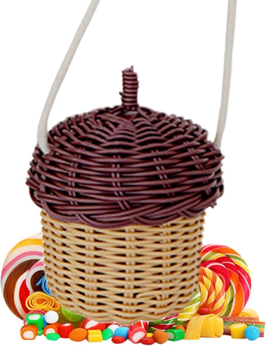 Geweven mandje - Eikel tas - Opbergen kleine spullen - Handgeweven rotan - 10x10x10 cm - Paars