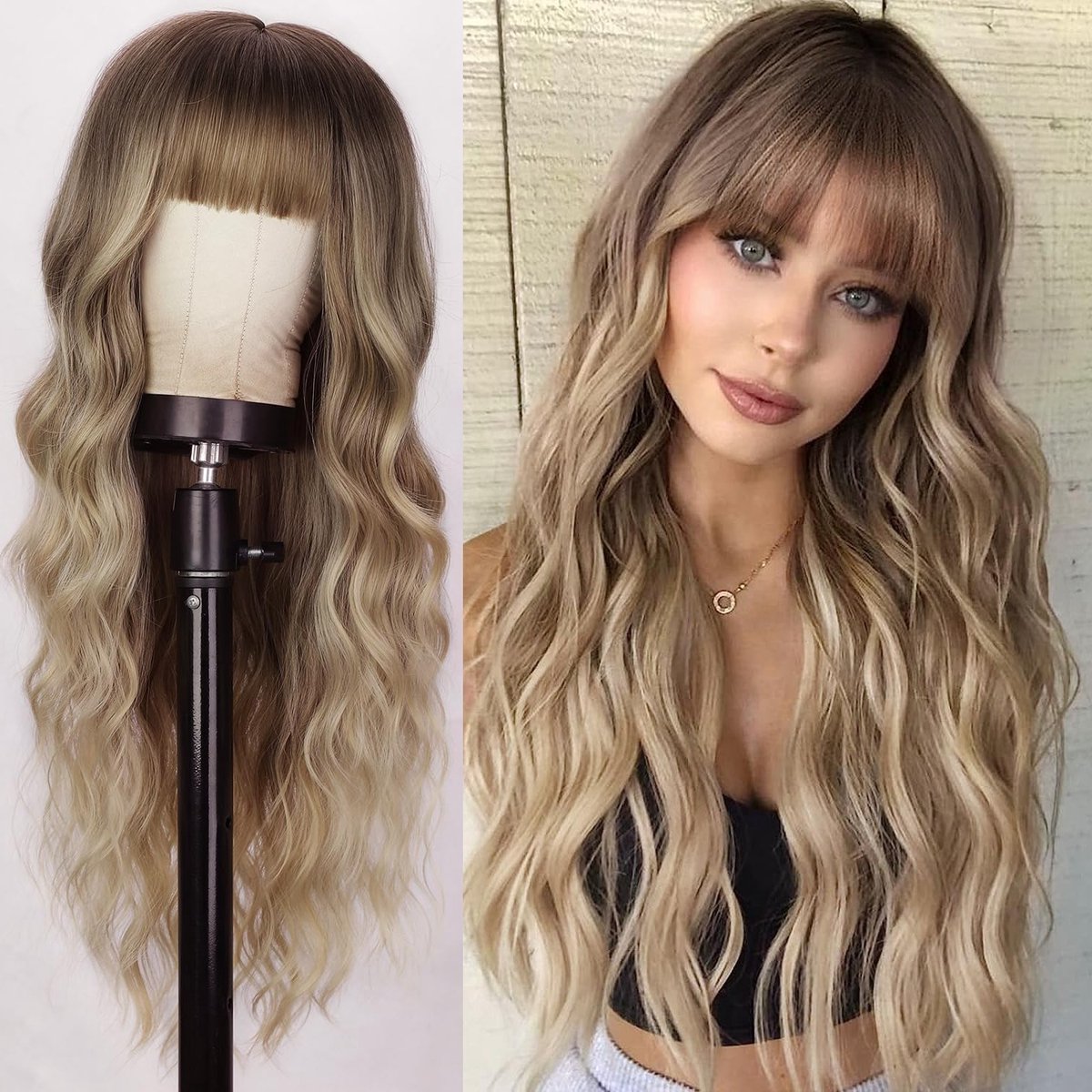 Lange golvende blonde mix pruik met pony voor dames, 66 cm krullend synthetisch haar
