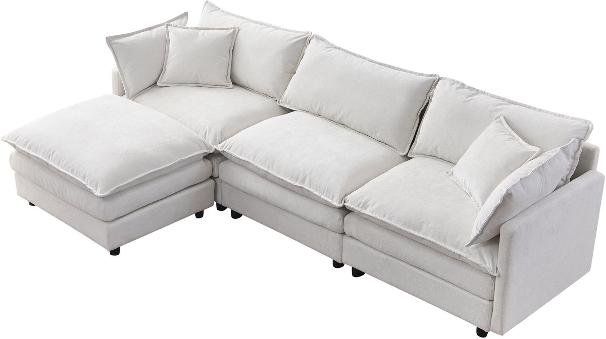 Merax Modulaire Hoekbank met Chaise Longue en Hocker - 3-Zits L-vormige Chenille Bank voor Woonkamer & Appartement - Luxe Lounge Sofa Beige