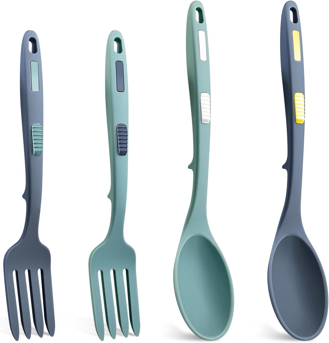 Complete Keuken Gereedschap Set van 4 Stukken, Siliconen Keukenlepels en Vorken voor Roeren, Mengen en Pureren (Lichtblauw, Donkerblauw)