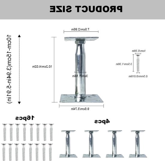 Set van 4 verstelbare paaldraagtjes van gegalvaniseerd staal, geschikt voor hekken, carports en pergola's, hoogte 100-150 mm — afbeelding 5