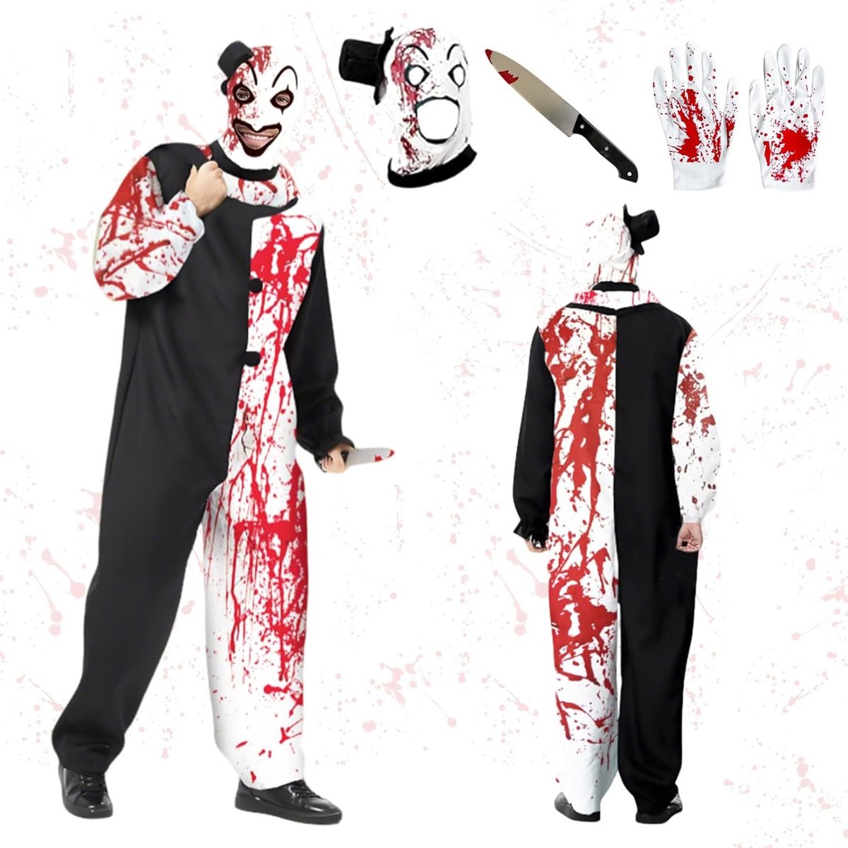 Volwassen clown kostuum voor volwassenen - angstaanjagende clown jumpsuit met capuchon, bloederige handschoen en dolk voor griezelige cosplay en carnaval