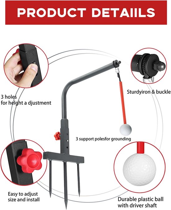 Golfoefentrainer - Golf Swing Trainer - Golfslag Verbeteren - Verstelbare Hoogte - 35.5 x 28 x 5 cm - Rood — afbeelding 5
