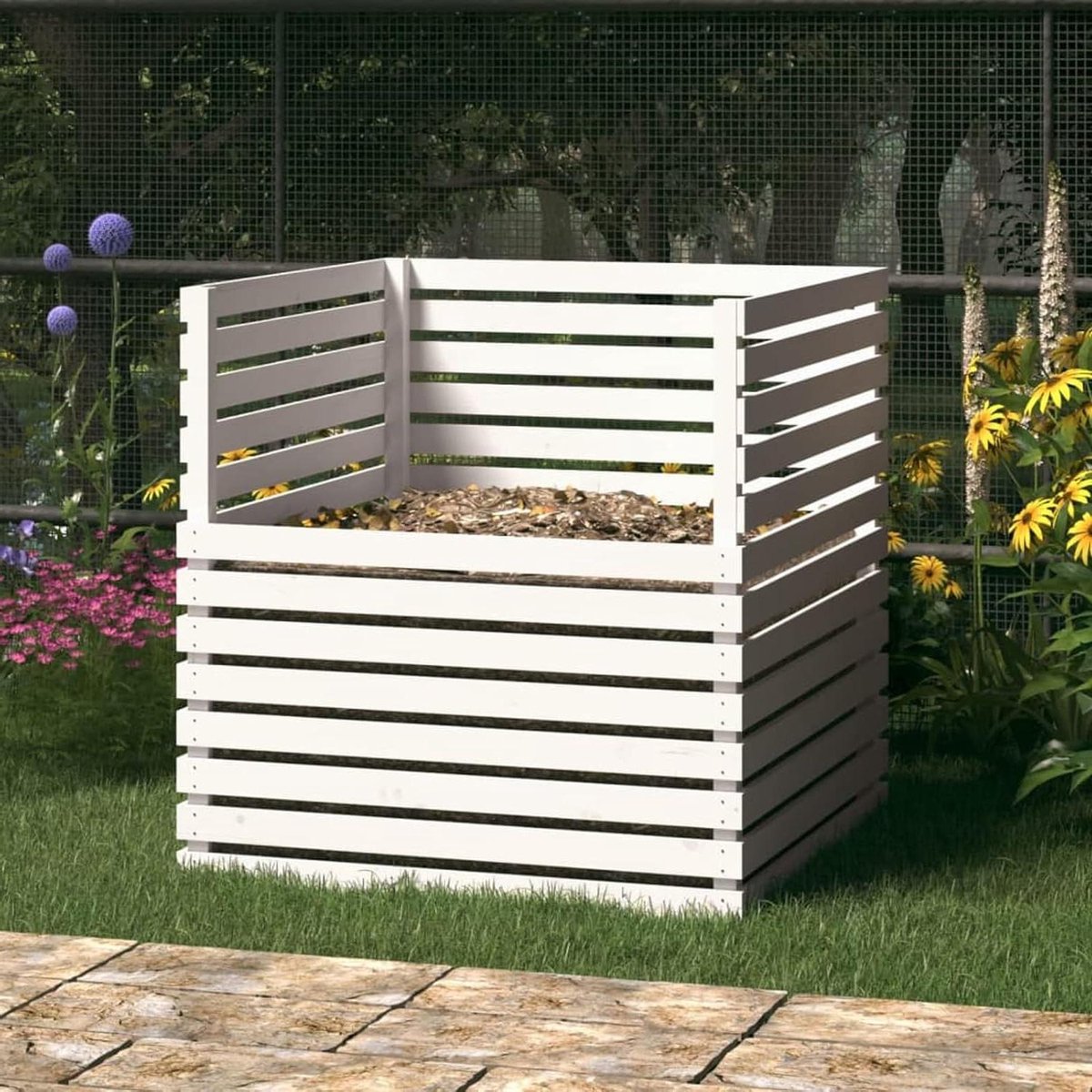 Compostbak Hout - Compostvat Tuin - Afval Verwerken - Stabiel Frame - 100 x 100 x 102 cm - Wit