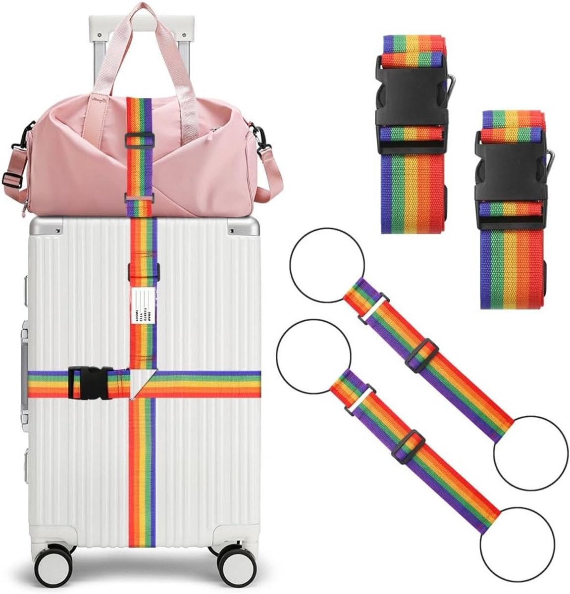 Verstelbare bagagestraps voor koffers, 2 stuks lange gekruiste straps met bagagetag en 2 stuks elastische bungee straps voor extra bagagebeveiliging en gemak