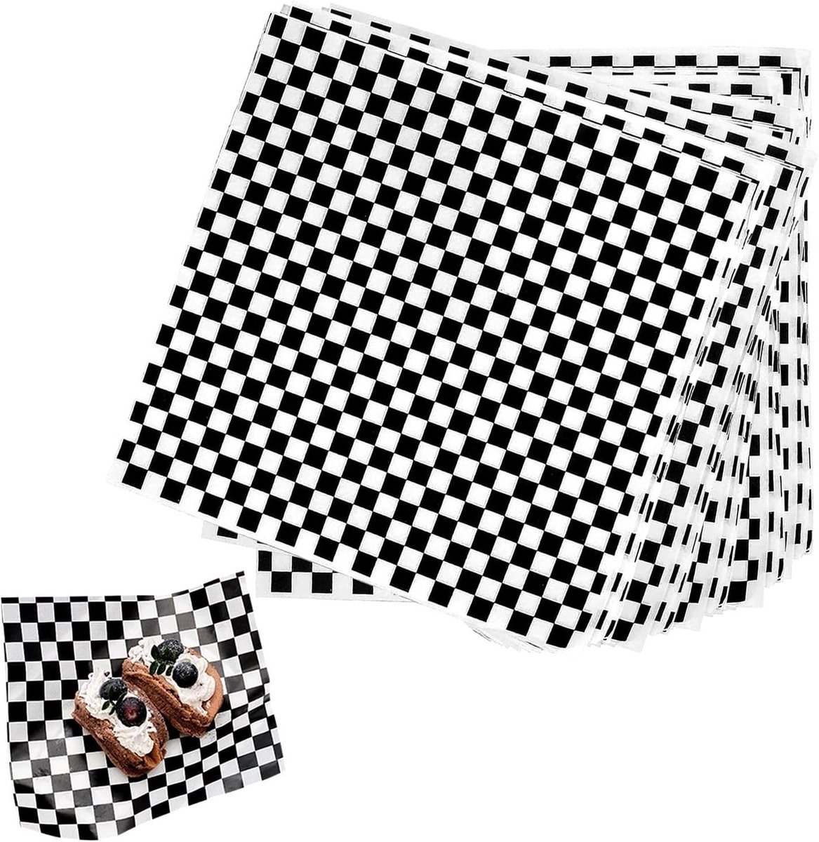 100 Stuks Voedselwaspapier, Zwart-Wit Burgerpapier, Ruitjes Deli Bakje Inlegvel, Vetbestendig en Ideaal voor Snacks en Voedselverpakking