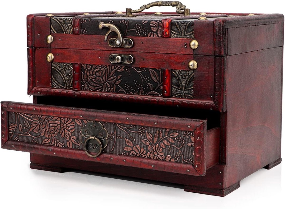 Vintage Houten Sieradenkist met Lades en Spiegel voor Ringen, Kettingen en Horloges - Sieraden Organizer en Bewaaroplossing