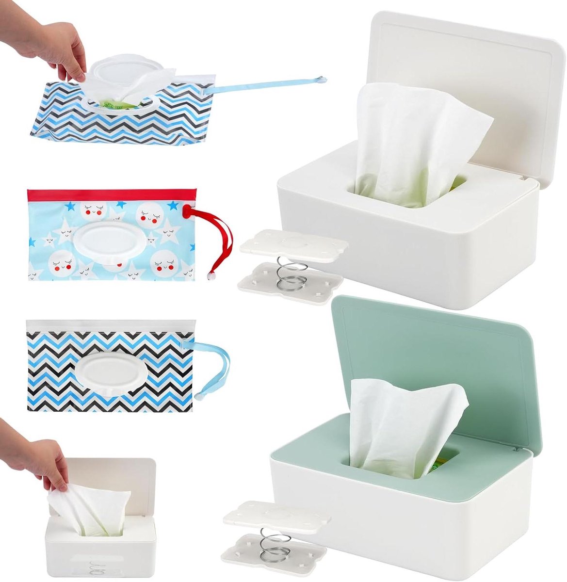 Vochtig Doekjes Set - Babydoekjes Houder - Babyverzorging Thuis - Houdt Doekjes Fris - 2 Stuks - Wit Groen Blauw