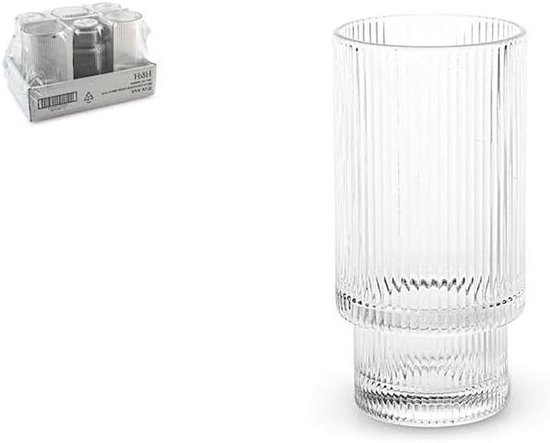 Een transparant, geribbeld glas met een volume van 32 cl. In de verpakking zitten zes glazen.