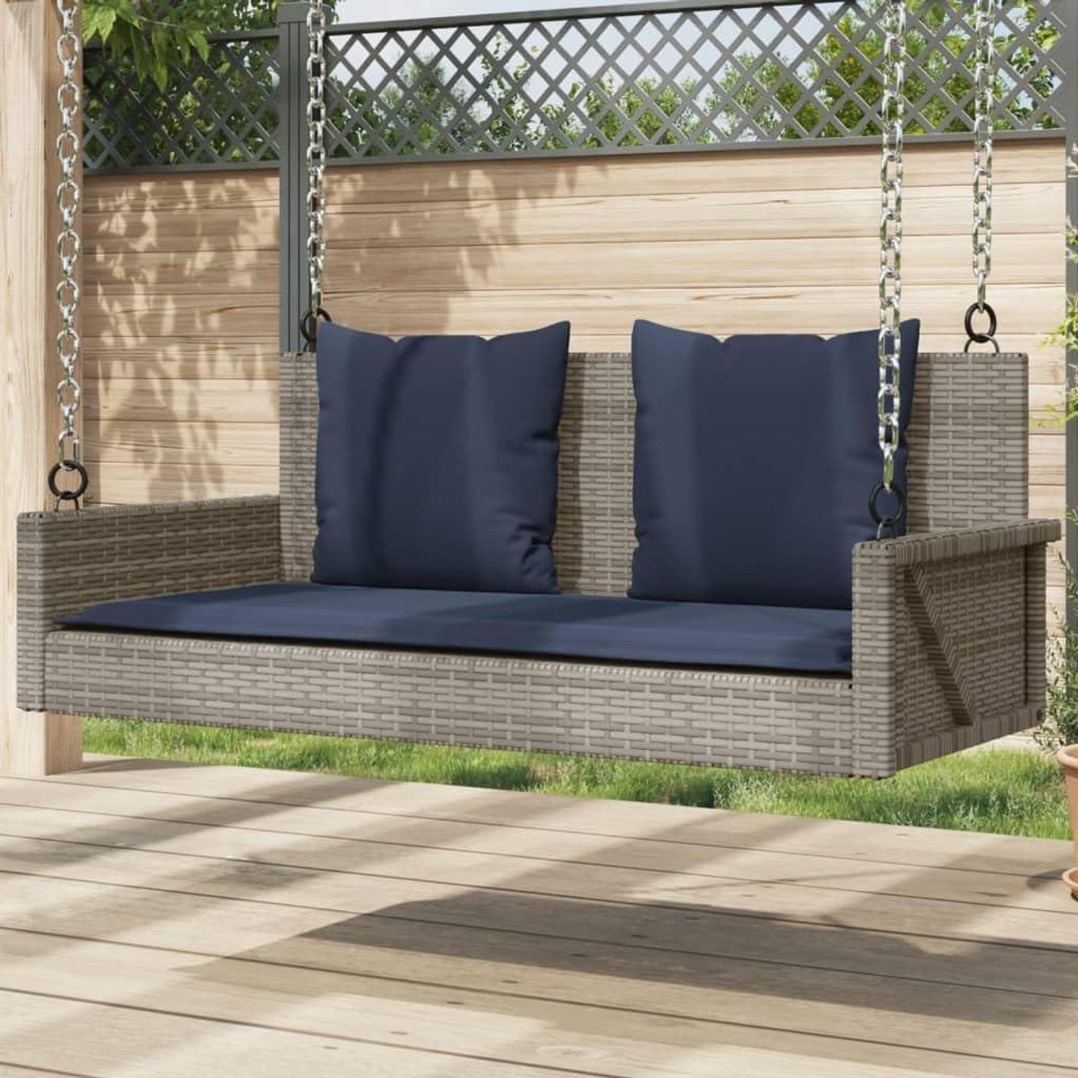Schommelbank met kussen - Hangstoel tuin - Buiten ontspannen - Weerbestendig PE-rotan - 119 x 56 x 48 cm - Grijs