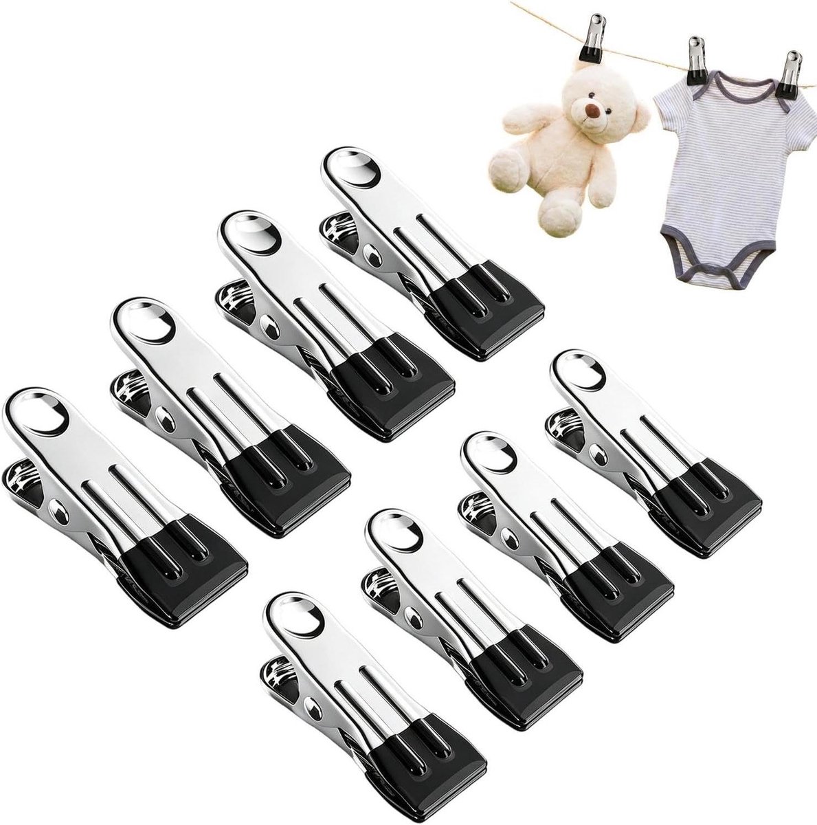 Wasknijpers - Kledingclips Hangers - Was Drogen - Roestvrij Staal - 8 Stuks - Zwart