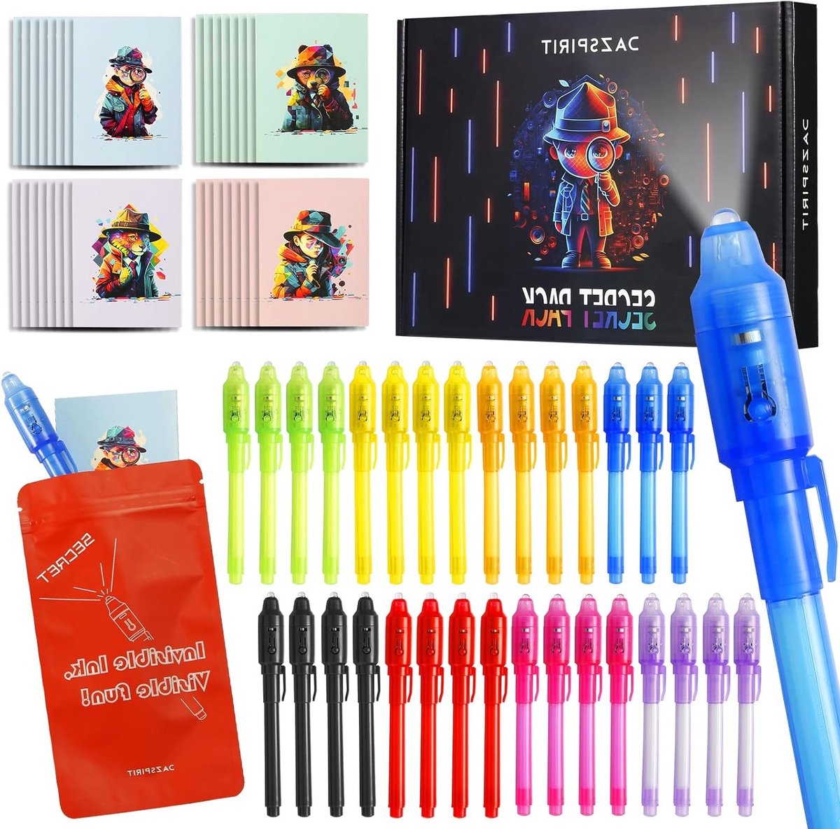 32-delige set met geheime pennen en notitieboekjes, detective thema, UV-licht magische pennen, perfect voor feestjes en cadeau's voor jongens en meisjes