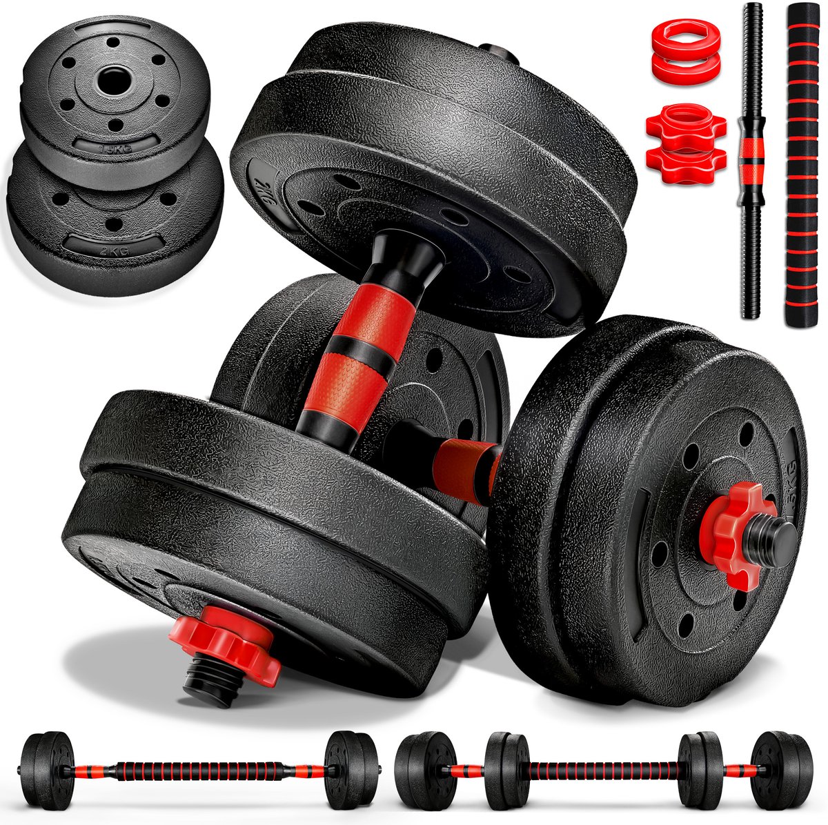 RE:SPORT 2 in 1 Halters Set 15kg | Halterset verstelbaar | Dumbbell & Barbell | Stervergrendelingen & verbindingsbuis