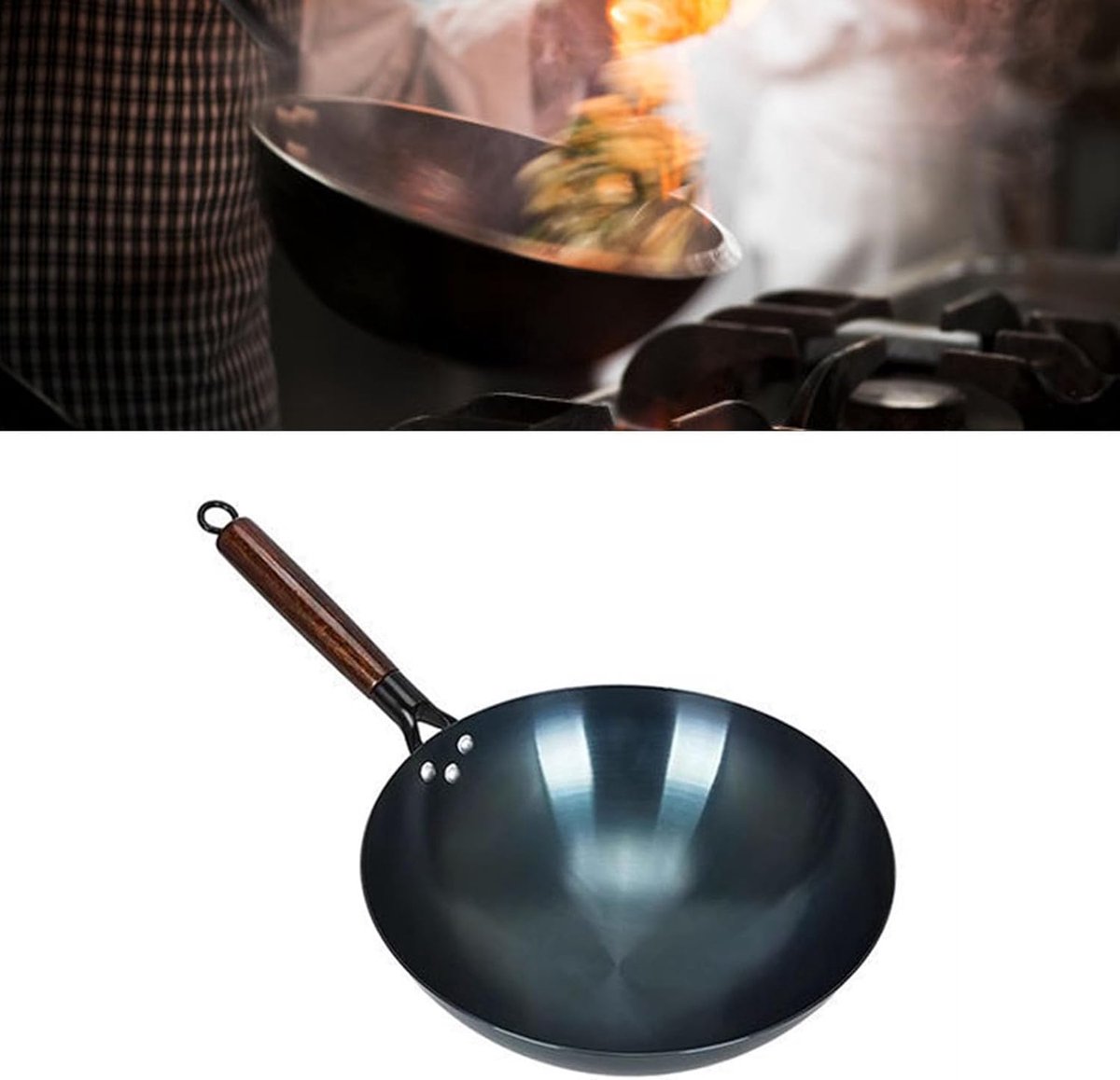 Chinese Wokpan - Roerbakpan Ijzer - Authentiek Koken - Traditionele Ronde Bodem - 36 cm - Zwart