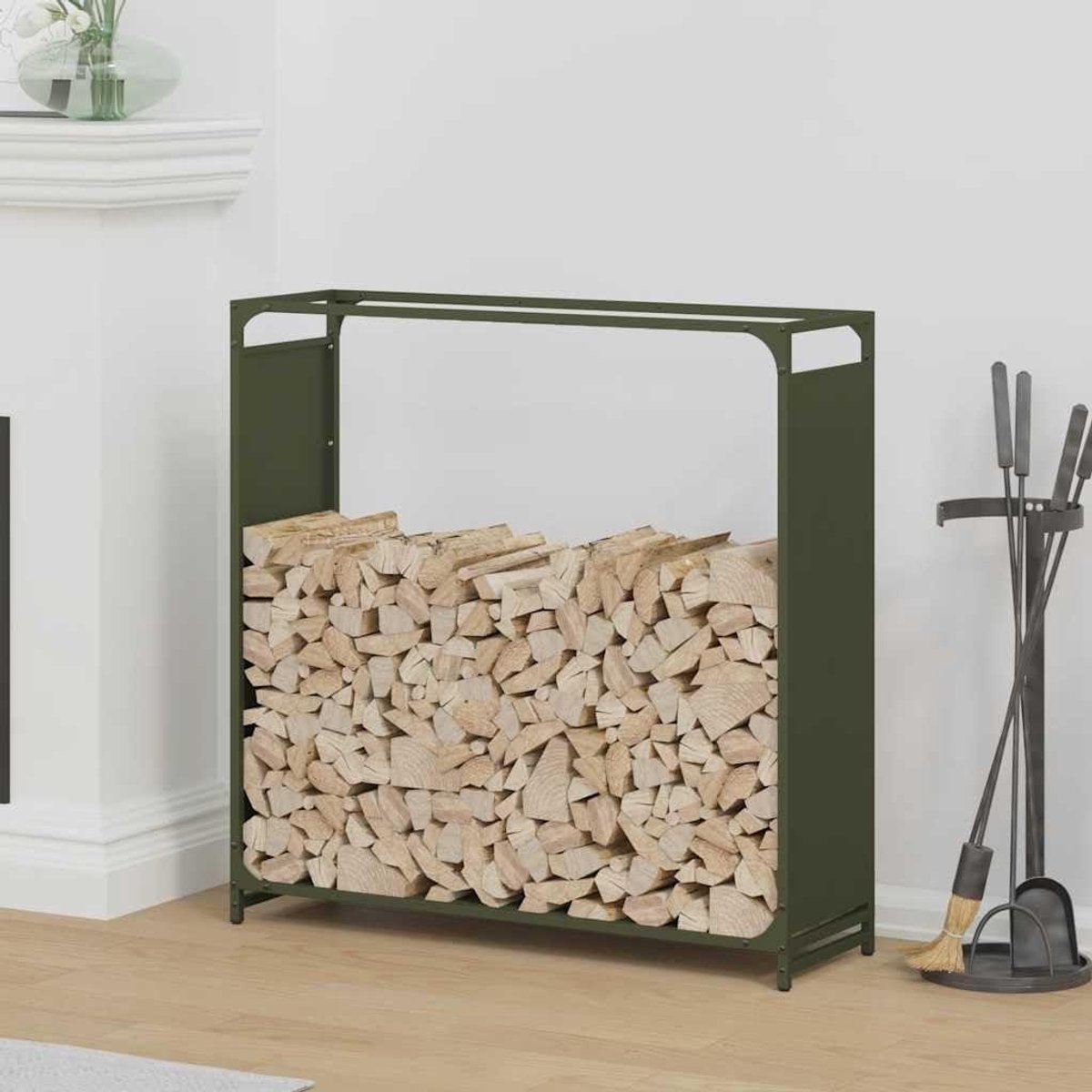 Houtrek - Houtopslag Stapelhulp - Brandhout Opslaan - Koudgewalst Staal - 90 x 28 cm - Olijfgroen