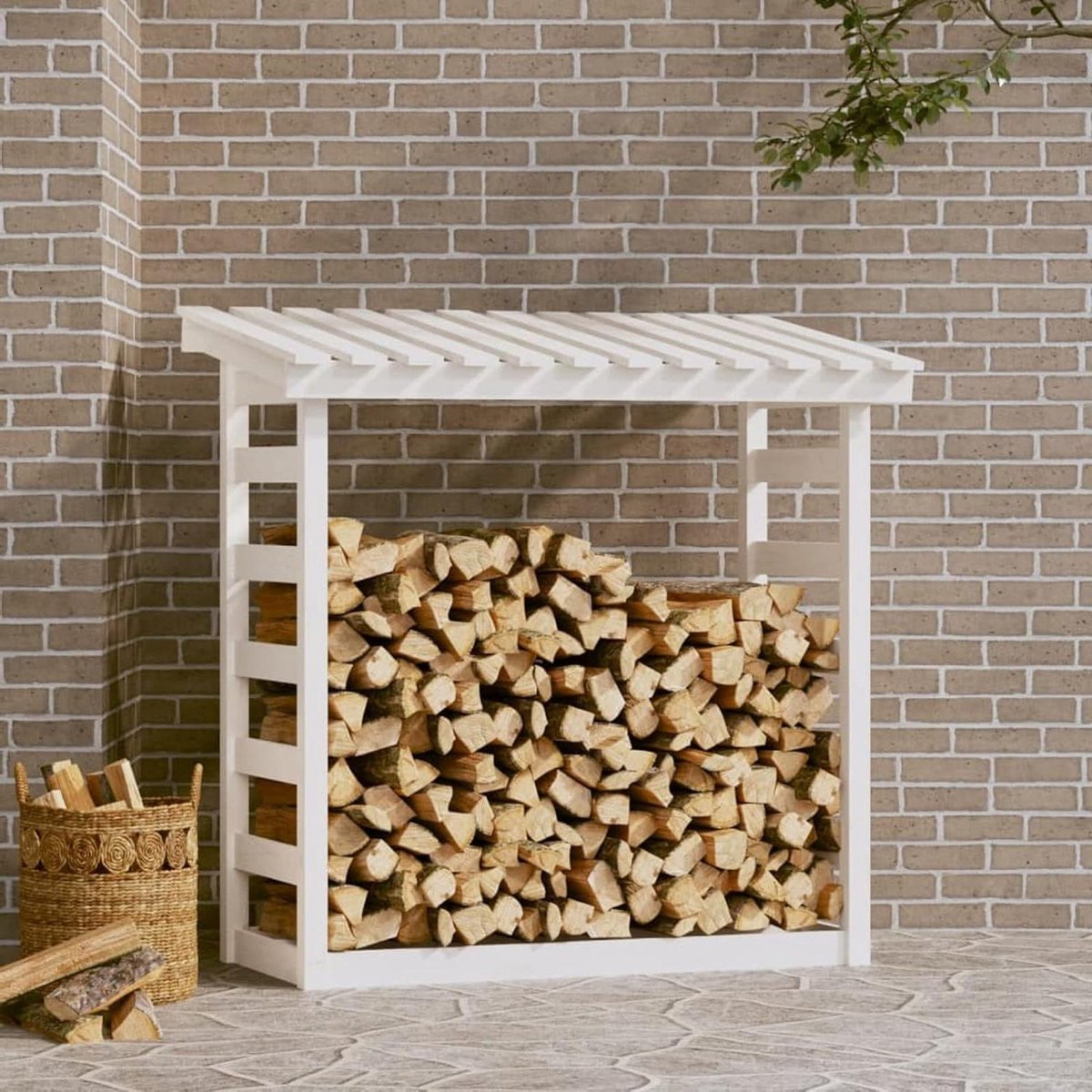 Houtopslag Rek - Brandhout Opslag - Buiten Haardhout - Massief Grenen Hout - 108 x 645 x 110 cm - Wit