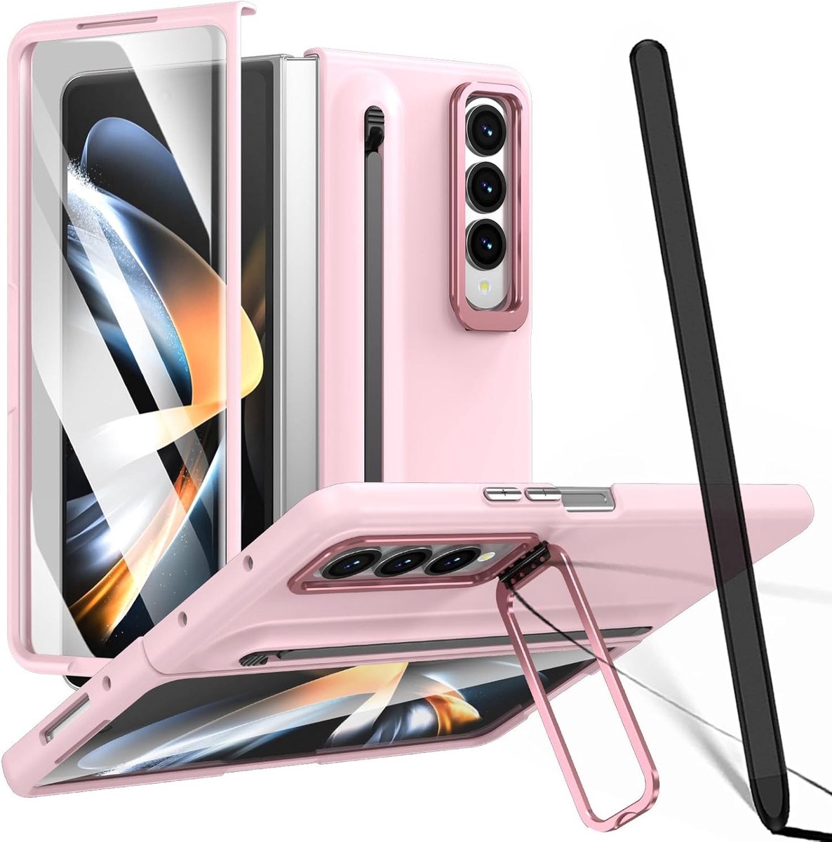 Beschermende hoes voor Galaxy Z Fold 3 met penhouder, verstelbare standaard en schermbeschermer - Roze, geschikt voor S Pen en stylus vervangingen