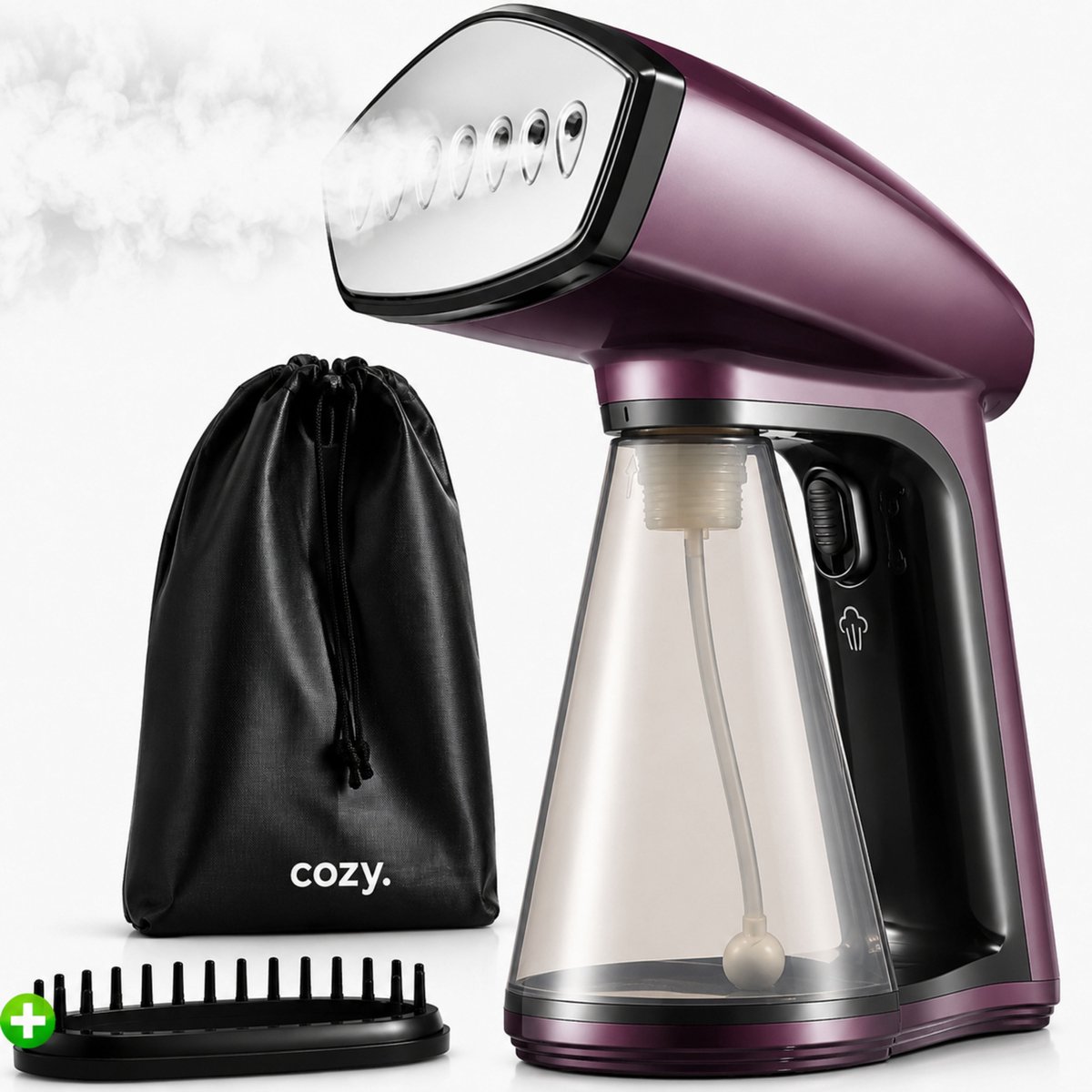 cozy.® Premium Kledingstomer - Handstomer & Stoomapparaat Kleding - Stoomstrijkijzer - Steamer 1640W - Krachtig & Ruim Waterreservoir 260 ML - Paars - Inclusief To-go Zakje & Bonus Opzetstuk - Vakantie Benodigdheden - Stomer Kleding