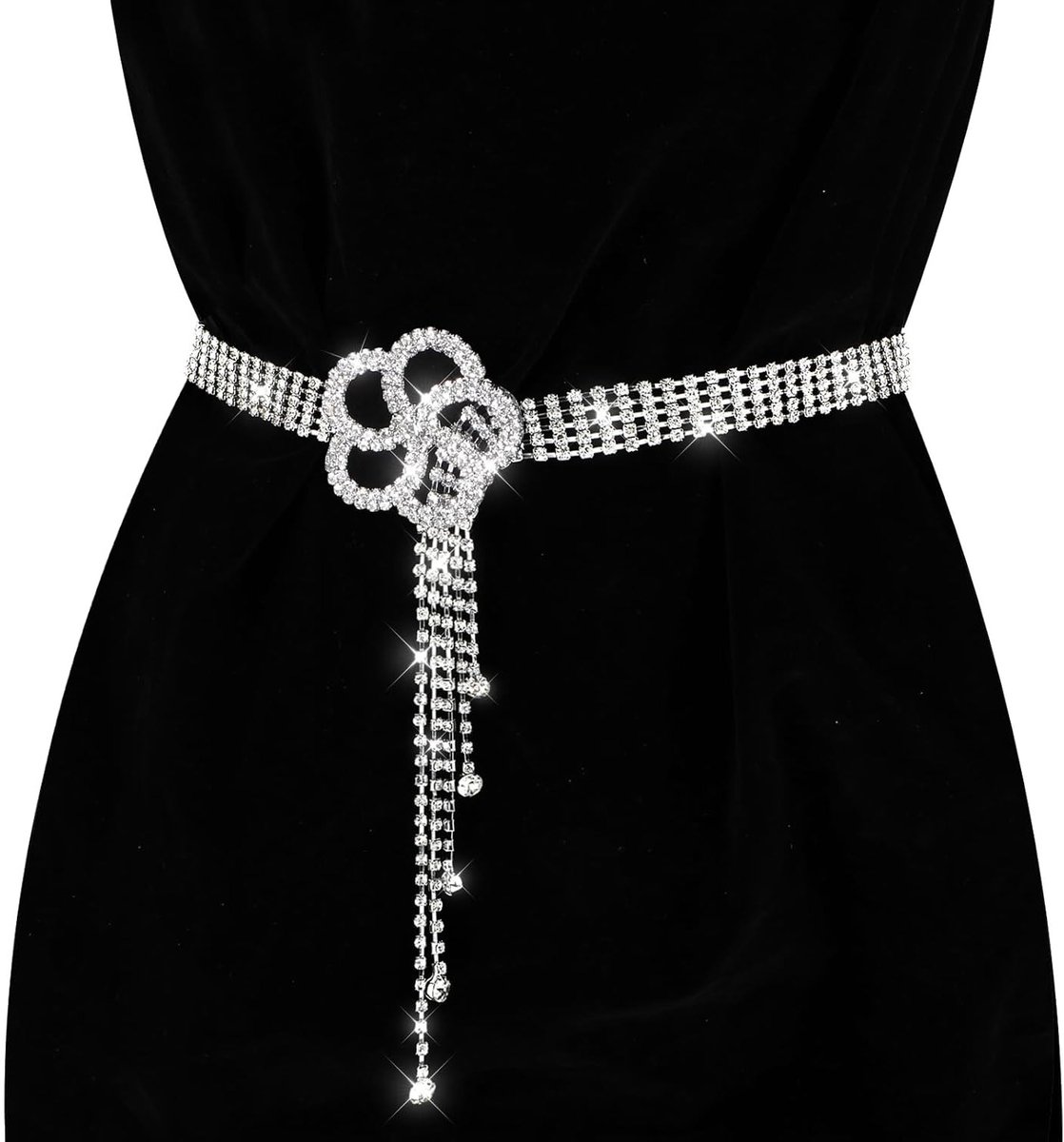 Grote Riem met Strass Steentjes voor Dames, Verstelbare Crystal Chain Riem met Bloemgesp, 130cm/51in, Perfect voor Feestjes en Avondkleding