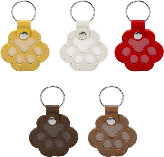 Cinq porte-clés en cuir en forme de patte de chat : jaune, blanc, rouge, marron foncé et marron clair.