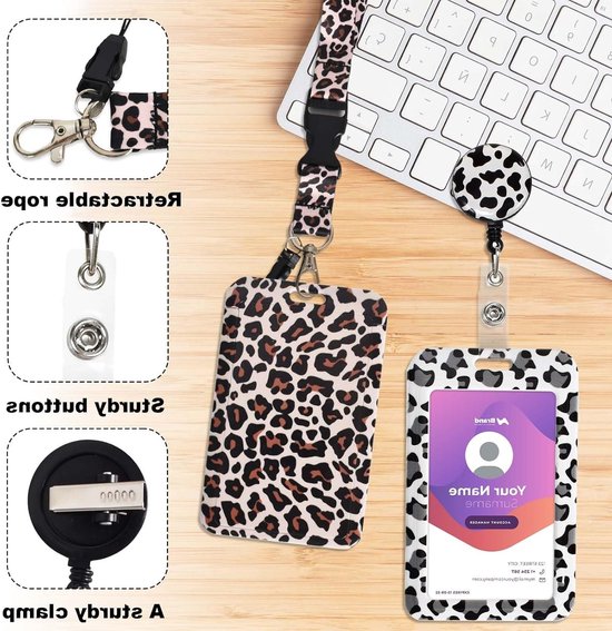 Stijlvolle Leopard ID Kaart Houder met Retractable Badge Reel en Afneembare Lanyard, Ideaal voor Werknemers, Verpleegkundigen en Studenten — afbeelding 3