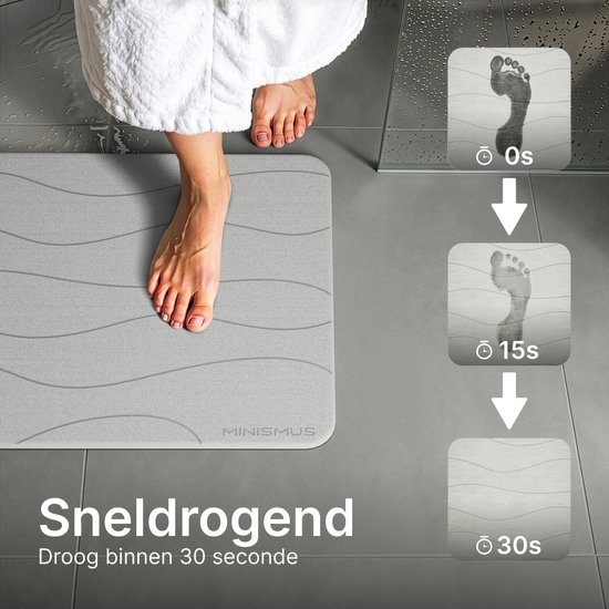 Tapis de bain gris à motif de lignes ondulées, sèche en 30 secondes. Illustrations d'empreintes de pas montrant une absorption rapide.