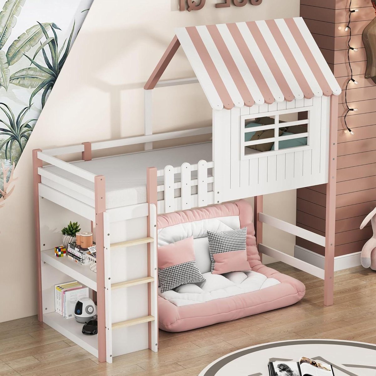 Kinderbed met Dakvorm - Houten Ledikant - Spelen en Slapen - Met Veiligheidshek - 90 x 200 cm - Roze