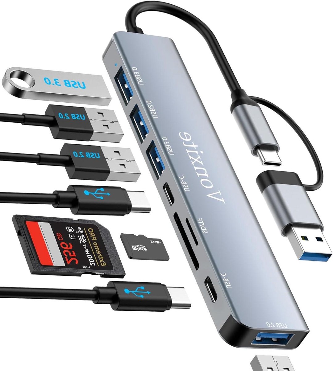 USB-hub - Kaartlezer - Bestanden Overzetten - 8 Poorten - 17 cm - Grijs