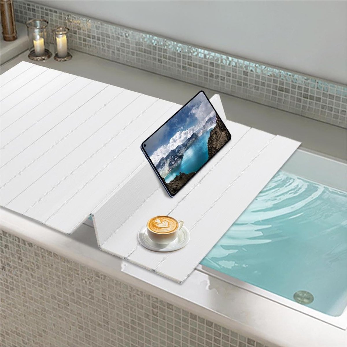 Badkuip Deksel - Badplank Opvouwbaar - Badkamer Organisatie - Houdt Water Warm - 170x75cm - Wit Houtnerf