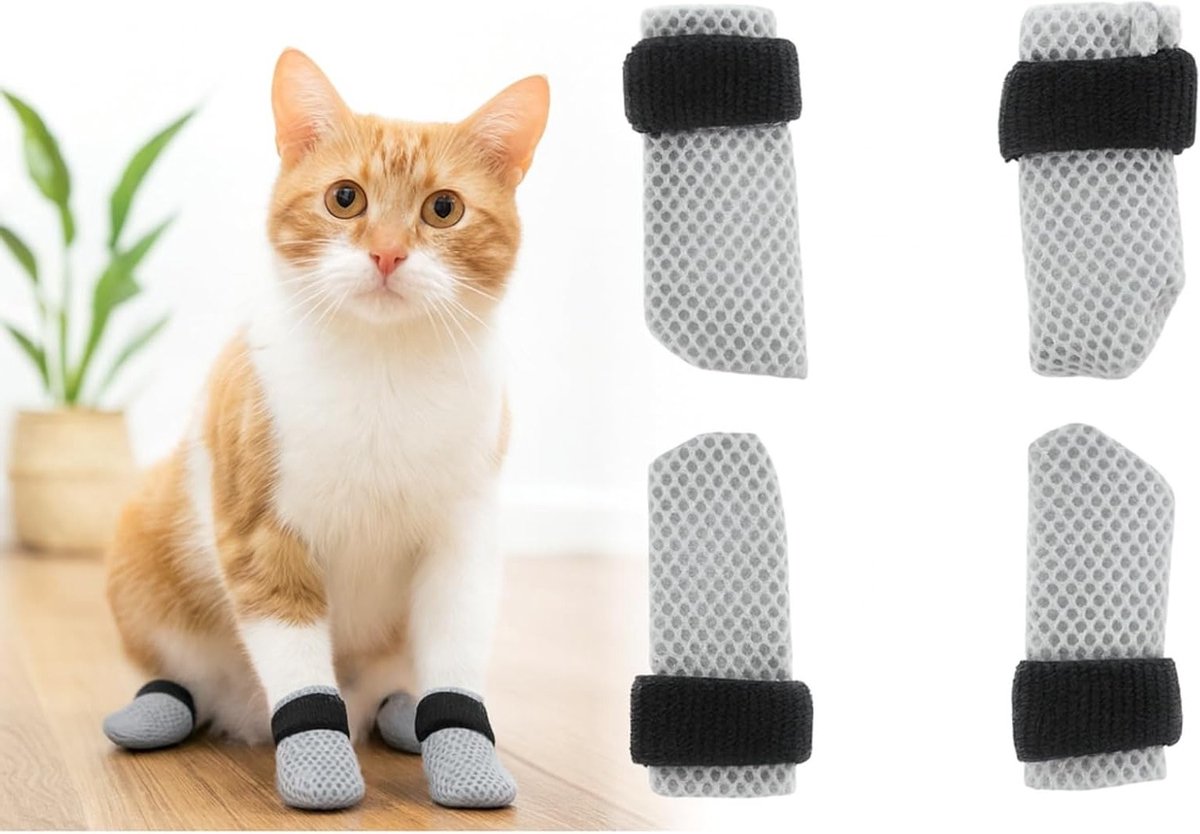 Honden sokken met antislip voor katten - Maat M - Ademend polyester met pluche voering - Lichtgewicht en elastisch - Ideaal voor koude seizoenen en binnenbescherming - Grijs - Set van 4
