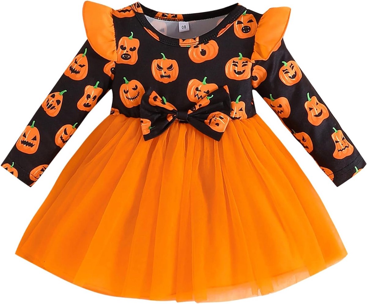 Winmany Kleine, baby, meisjes, Halloween, tutu, jurk, uitrusting, klein meisje, lange mouwen, pompoen, romper, kleding, boog, kant, rok