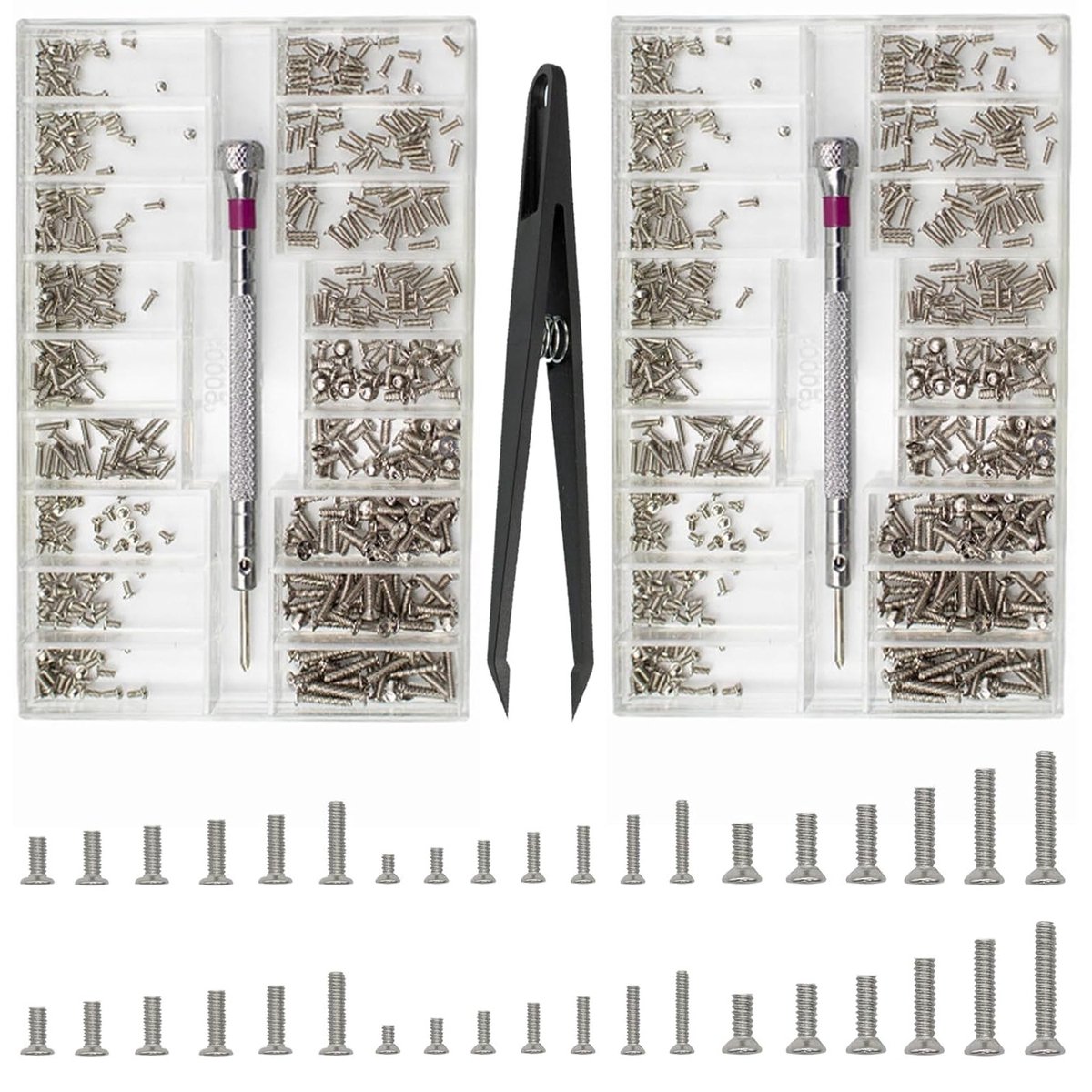 Assortiment Kleine Schroeven 1000 Stuks M1.2, M1.4, M2 Micro Schroeven voor Horlogeglazen en Computeronderdelen - Reparatieschroeven Set met Schroevendraaier en Pincet, Zilver en Precisie Tools