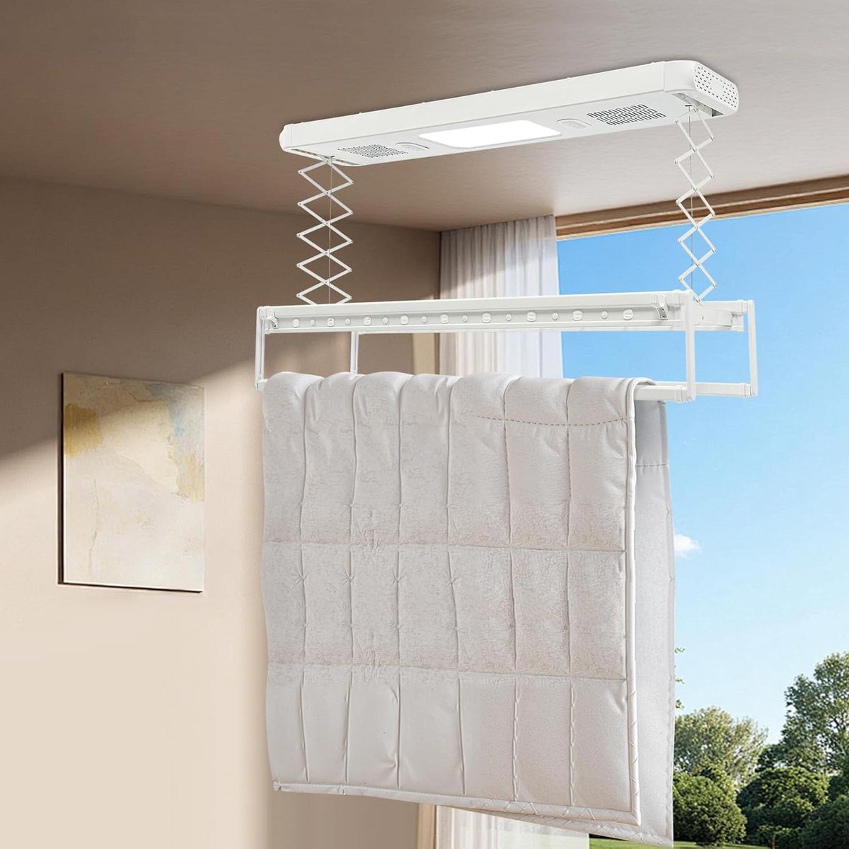 Elektrisch Wasrek Wasdroger Plafond Kleding Drogen Afstandsbediening Bediening 130-215 cm Wit