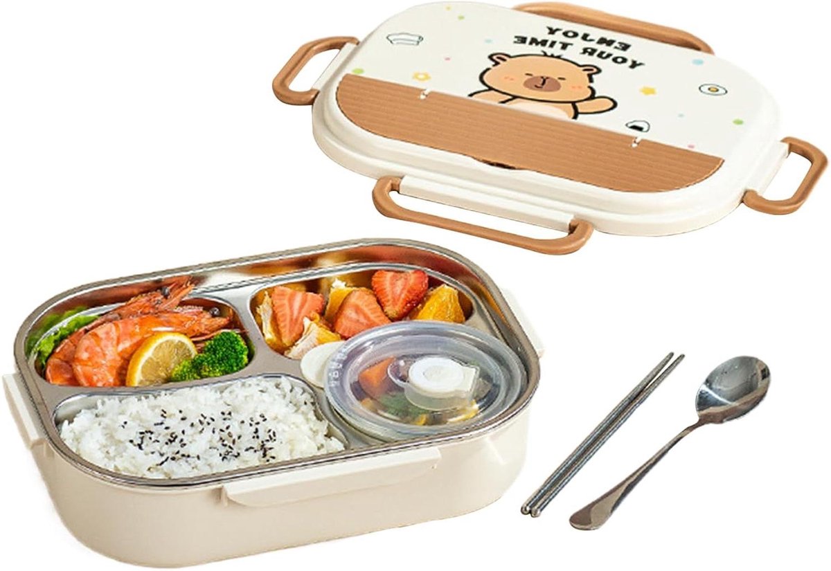 Kind Lunchtrommel - Snack Bakje RVS - Maaltijden Meenemen - Lekvrij Ontwerp - 4 Vakken - Phara