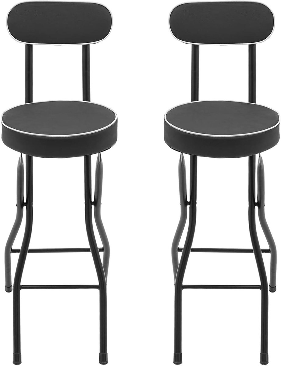 Barkruk Set - Hoge Stoel Kruk - Keuken Zitten - Inklapbaar Rugleuning - 65 cm Zithoogte - Zwart