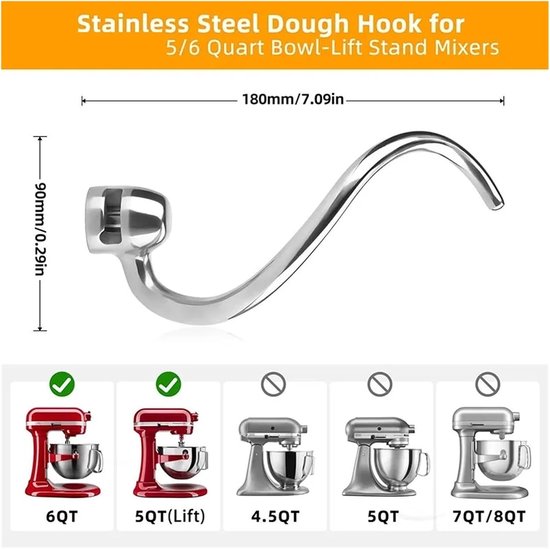 Deeghaak Mixer - Kneedhaak Accessoire - Thuis Bakken - Roestvrij Staal - 5 en 6 Kwart - Zilverkleurig — afbeelding 3