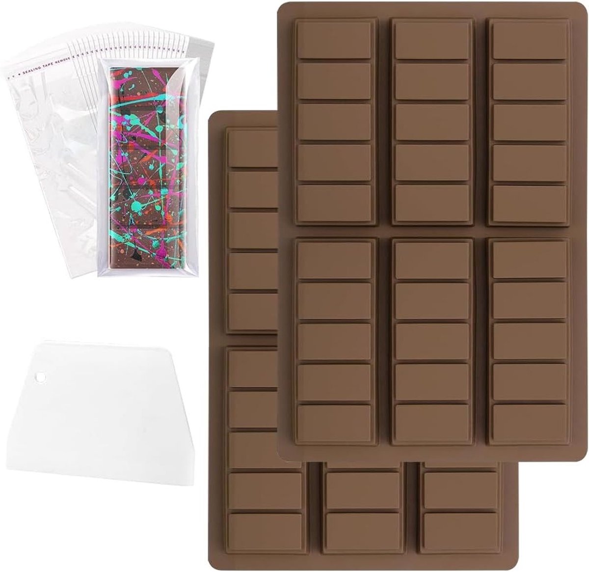 Siliconen Mallen voor Chocolade en Koekjes, Inclusief 100 Transparante Zakjes en 1 Schraper voor DIY Bakprojecten