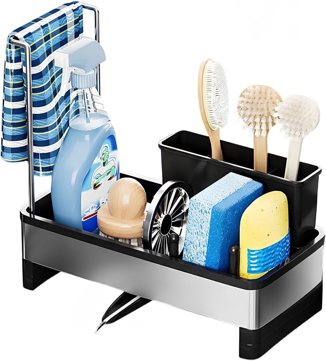 Automatische spoelbakorganizer met afdruipbak voor sponzen, borstels en keukendoeken, sneldrogend en hygiënisch opbergen van reinigingsbenodigdheden