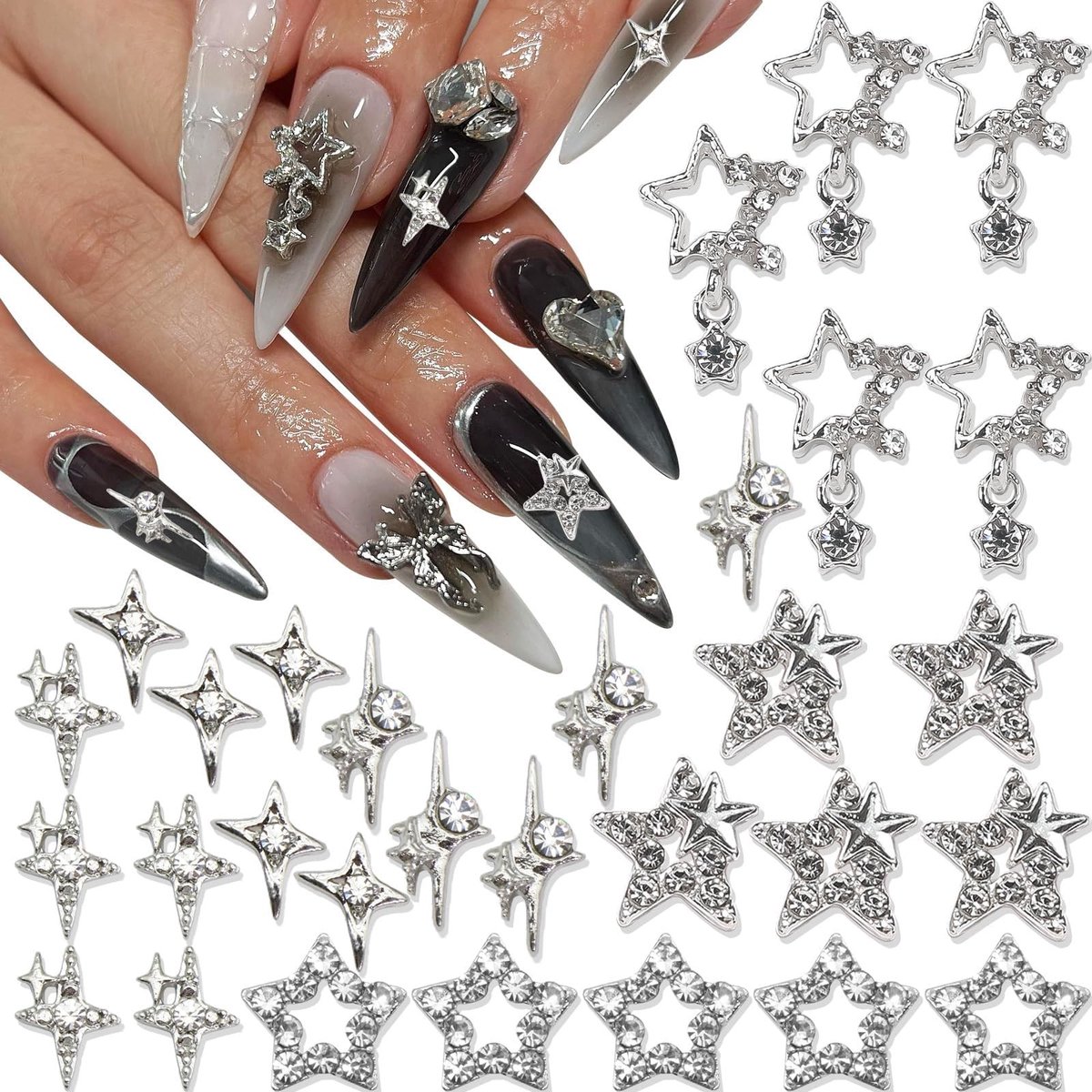 Dailygoods - Set van 30 Stervormige Nagelbedels in Glanzend Zilver
