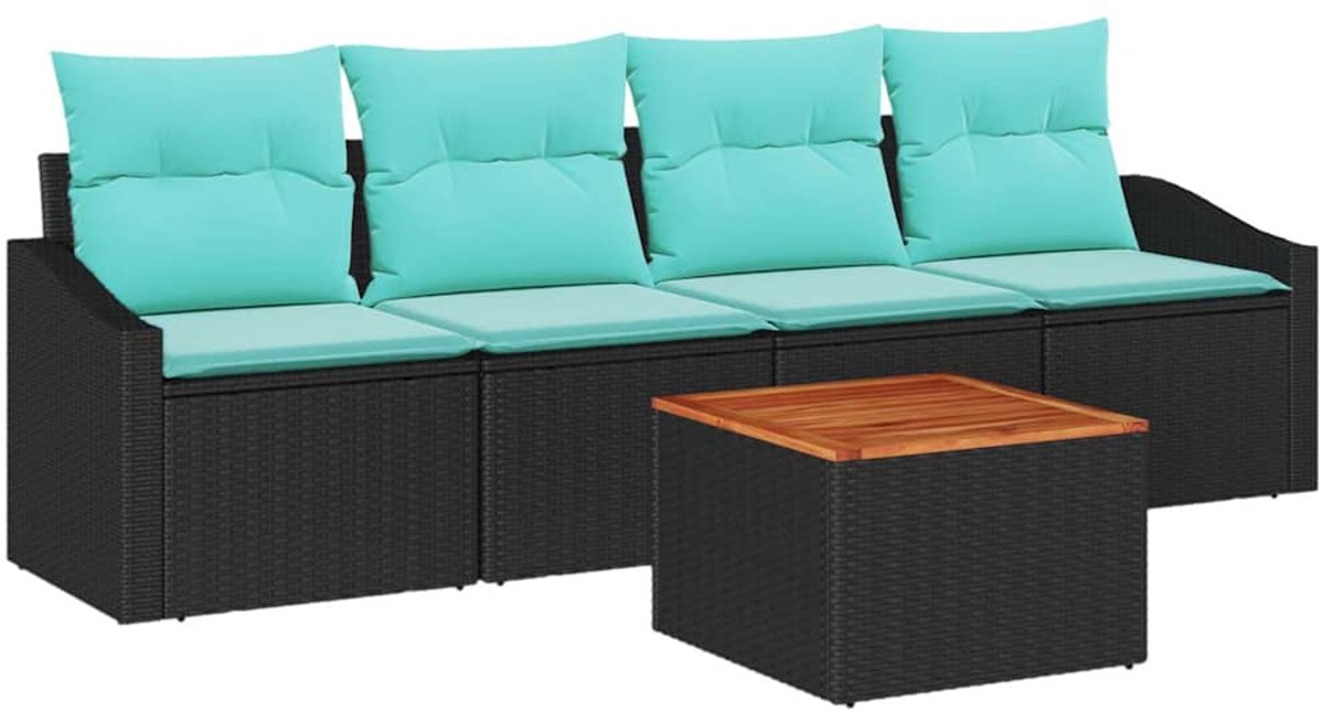 vidaXL - Tuinbank - Set - met - kussen - 5 - pcs - Zwart - poly - rattan