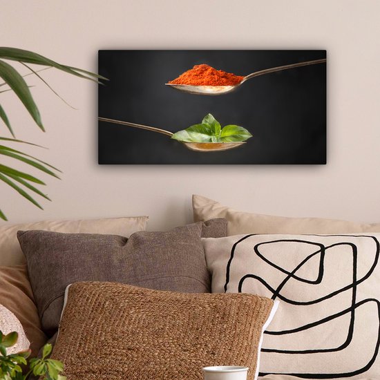 Canvas schilderij 40x20 cm - Wanddecoratie Kruiden - Lepel - Specerijen - Zwart - Italiaans - Muurdecoratie accessoires - Keuken decoratie muur - Schilderijen op canvas