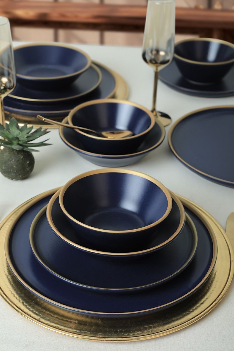 Keramika Serviesset - Mat Navy Blue/Gold - 24 delig - 6 persoons - Stoneware