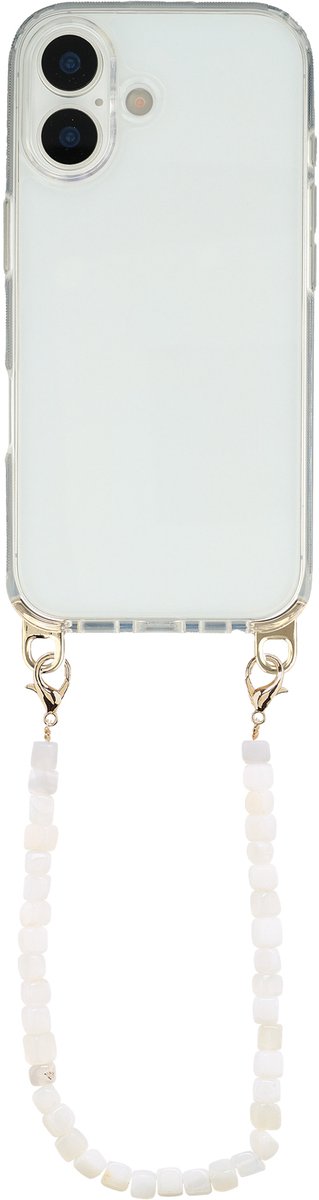 Selencia Transparant Hoesje met Haakjes inclusief Natuurstenen Polskoord - Geschikt voor Apple iPhone 17 - Pearl White